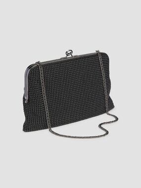 NEW WHITING & DAVIS BLACK Dimple Mesh Metal Crystal Clutch Evening Bag w/ Chain